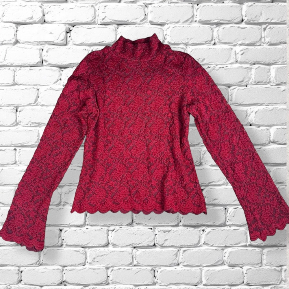 Vintage‎ Forenza Red Lace Burnout Womens Size Large Top Vamp Gothic Sheer Blouse